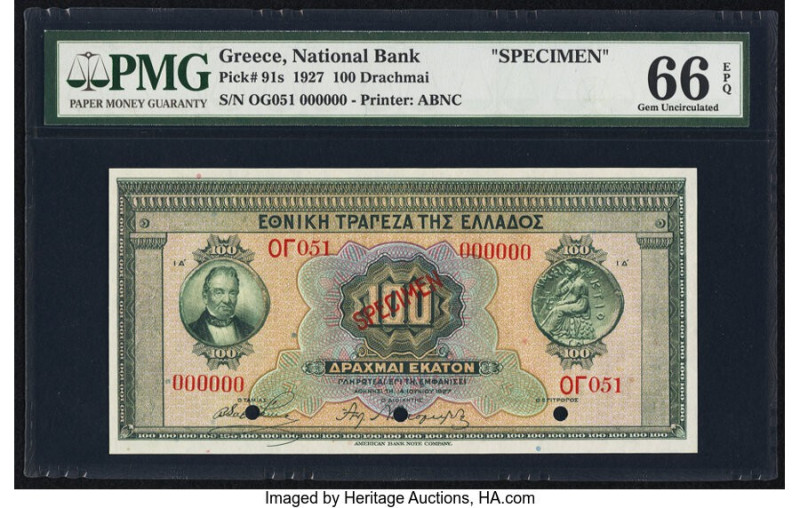 Greece National Bank of Greece 100 Drachmai 1927 Pick 91s Specimen PMG Gem Uncir...