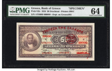 Greece Bank of Greece 50 Drachmai 1926 Pick 92s Specimen PMG Choice Uncirculated 64. Perforated Cancelations are noted on this example. 

HID098012420...