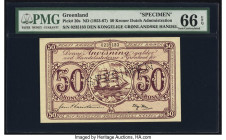 Greenland Danish Administration 50 Kroner ND (1953-67) Pick 20s Specimen PMG Gem Uncirculated 66 EPQ. A perforated Specimen is present on this example...