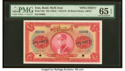 Iran Bank Melli 20 Rials ND (1934) / AH1313 Pick 26s Specimen PMG Gem Uncirculated 65 EPQ. Two POCs are present on this example. 

HID09801242017

© 2...