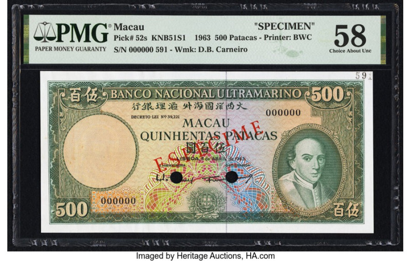 Macau Banco Nacional Ultramarino 500 Patacas 8.4.1963 Pick 52s KNB51S1 Specimen ...