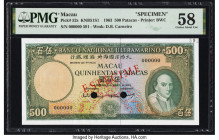 Macau Banco Nacional Ultramarino 500 Patacas 8.4.1963 Pick 52s KNB51S1 Specimen PMG Choice About Unc 58. Two POCs are noted. 

HID09801242017

© 2022 ...