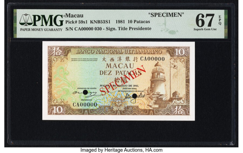 Macau Banco Nacional Ultramarino 10 Patacas 8.8.1981 Pick 59s1 KNB53S1 Specimen ...