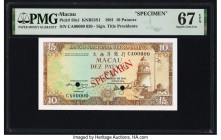 Macau Banco Nacional Ultramarino 10 Patacas 8.8.1981 Pick 59s1 KNB53S1 Specimen PMG Superb Gem Unc 67 EPQ. Two POCs are noted. 

HID09801242017

© 202...