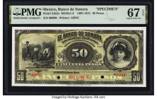 Mexico Banco de Sonora 50 Pesos 1897-1911 Pick S422s M510s Specimen PMG Superb Gem Unc 67 EPQ. Two POCs are present on this example. 

HID09801242017
...