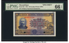Mozambique Banco Nacional Ultramarino 20 Escudos 1.11.1941 Pick 85s Specimen PMG Gem Uncirculated 66 EPQ. Two POCs are present on this example. 

HID0...