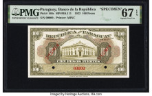 Paraguay Banco de la Republica 100 Pesos 1923 Pick 168s Specimen PMG Superb Gem Unc 67 EPQ. Two POCs are present on this example. 

HID09801242017

© ...