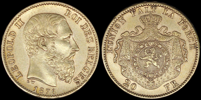 BELGIUM: 20 Francs (1876) in gold (0,900). Head of Leopold II with finer beard f...