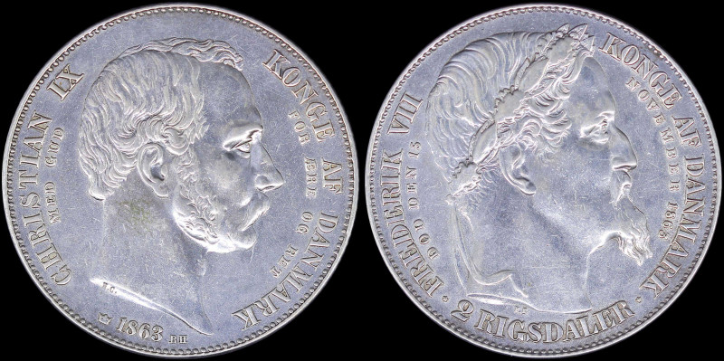 DENMARK: 2 Rigsdaler (1863 HC-RH//FK) in silver (0,875) commemorating the Death ...