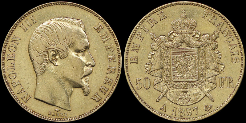 FRANCE: 50 Francs (1857 A) in gold (0,900). Bare head of Napoleon III facing rig...