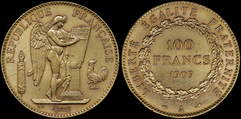 FRANCE: 100 Francs (1909 A) in gold (0,900). Standing Genius writing the constit...