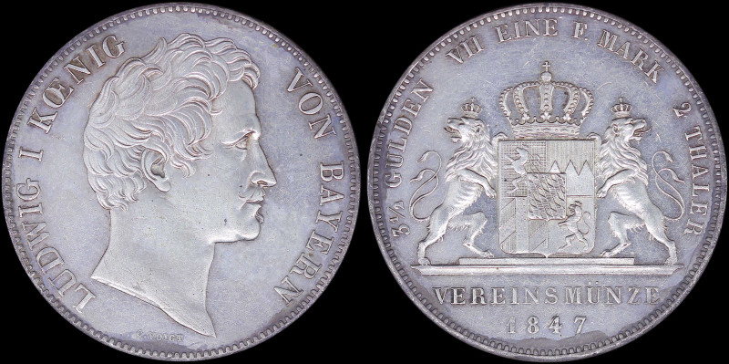 GERMAN STATES / BAVARIA: 2 Thaler (=3 1/2 Gulden) (1847) in silver (0,900). Head...