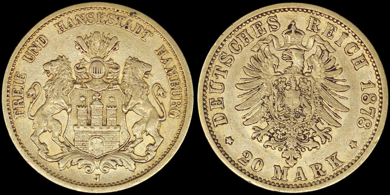 GERMAN STATES / HAMBURG: 20 Mark (1878 J) in gold (0,900). Helmeted arms with li...