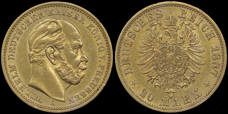 GERMAN STATES / PRUSSIA: 20 Mark (1887 A) in gold (0,900). Head of Wilhelm facin...