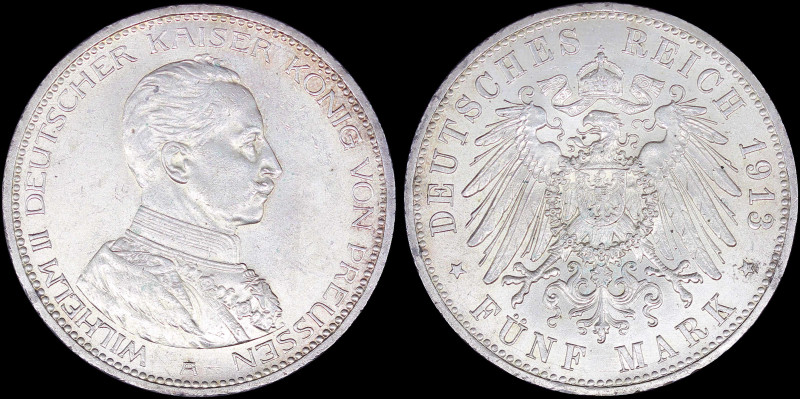 GERMAN STATES / PRUSSIA: 5 Mark (1913 A) in silver (0,900). Uniformed bust of Wi...