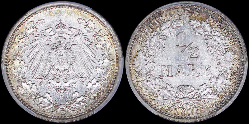 GERMANY / EMPIRE: 1/2 Mark (1915 E) in silver (0,900). Denomination within wreat...