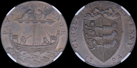 GREAT BRITAIN: Token of 1/2 Penny (1794) payable at Kent-Hythe. Inside slab by NGC "MS 62 BN / KENT - HYTHE / E: AT RICHARD SHIPDENS". Cert number: 57...