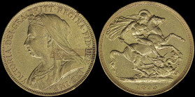 GREAT BRITAIN: 2 Pounds (1893) in gold (0,917). Mature draped bust of Queen Victoria facing left on obverse. St George slaying the dragon on reverse. ...