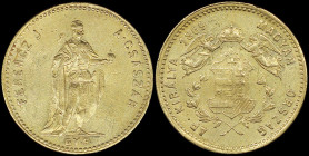 HUNGARY: 1 Ducat (1869 GYF) in gold (0,986). Emperor Franz Joseph I standing on obverse. Angels holding crown above shield within sprigs on reverse. M...