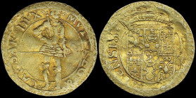 ITALIAN STATES / MODENA: 1 Ongaro (=Ducat) (about 1600) in gold (0,986). Standing crowned and armored Duke facing right holding scepter and sword with...