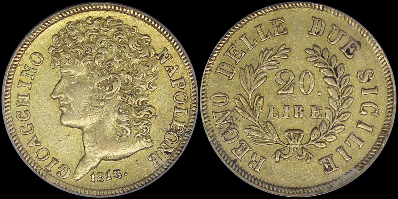 ITALIAN STATES / NAPLES (& SICILY): 20 Lire (1813) in gold (0,900). Head of Joac...