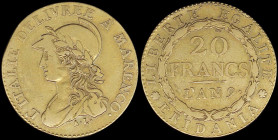 ITALIAN STATES / PIEDMONT REPUBLIC: 20 Francs [LAN 9 (1801)] in gold (0,900). Laureate bust facing left and inscription "L ITALIE DELIVREE A MARENCO" ...