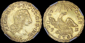 ITALIAN STATES / SICILY: 1 Oncia (1751 VB//PN) in gold (0,906). Laureate draped bust of Carol facing right on obverse. Phoenix rising from flames faci...