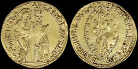 ITALIAN STATES / VENICE: 1 Zecchino (ND 1752-1762) in gold (0,999) by Doge Francesco Loredan. St Mark standing at left presenting staff with cross and...
