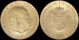 LIECHTENSTEIN: 50 Franken (1961) in gold (0,900) commemorating the 100th anniversary of the National Bank. Bust of Prince Franz Josef II facing right ...