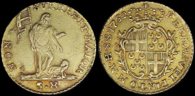 MALTA: 10 Scudi (1762) in gold (0,840). Crowned oval shield within sprigs on obverse. John the Baptist with banner and lamb on reverse. Cleaned. (KM 2...