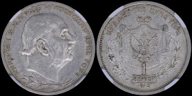 MONTENEGRO: 1 Perper (1912) in silver (0,835). Head of Nicholas I facing right on obverse. Crowned mantled arms within sprigs above value and date on ...