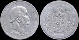 MONTENEGRO: 5 Perpera (1912) in silver (0,835). Head of Nicholas I facing right on obverse. Crowned mantled arms with sprigs above date on reverse. In...