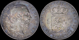NETHERLANDS: 1 Gulden (1865) in silver (0,945). Head of William III facing right on obverse. Crowned arms divides value on reverse. Small strikes on t...