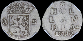 NETHERLANDS / HOLLAND: 2 Stuivers (=Double Wapenstuiver) (1792) in silver (0,583). Crowned arms of Holland divides value on obverse. Inscription "HOL/...