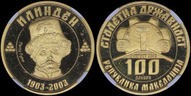 NORTH MACEDONIA: 100 Denari (2003) in gold (0,916) commemorating the 100th Anniversary of Statehood. Monument above value within circle on obverse. He...