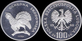 POLAND: 100 Zlotych (1980 MW) proba coin in nickel from series of the Environment Protection. Imperial eagle above value on obverse. Cappercaille on r...