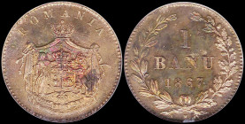 ROMANIA: 1 Banu (1867 H) in copper. Crowned arms with supporters within crowned mantle on obverse. Value with date within wreath on reverse. Inside sl...