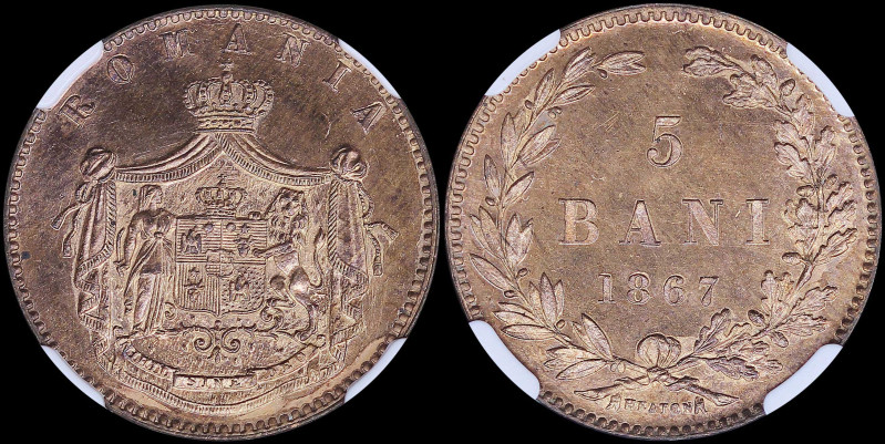 ROMANIA: 5 Bani (1867 HEATON) in copper. Crowned Arms with supporters within cro...