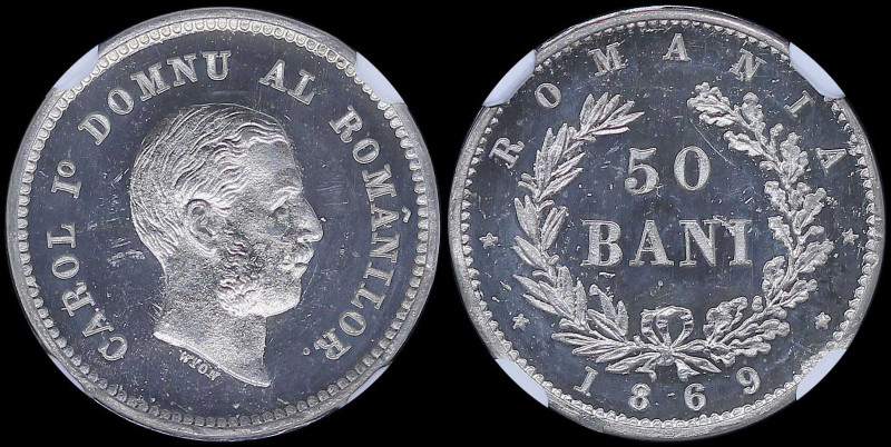 ROMANIA: 50 Bani (1869) pattern coin in tin. Head of Carol I facing right on obv...