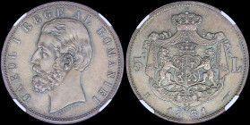 ROMANIA: 5 Lei (1881 B) in silver (0,900). Head of Carol I facing left and inscription "CAROL I REGE AL ROMANIEI" on obverse. Crowned arms with suppor...