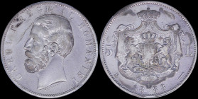 ROMANIA: 5 Lei (1883 B) in silver (0,900). Head of Carol I facing left on obverse. Crowned arms with supporters within crowned mantle divided value on...