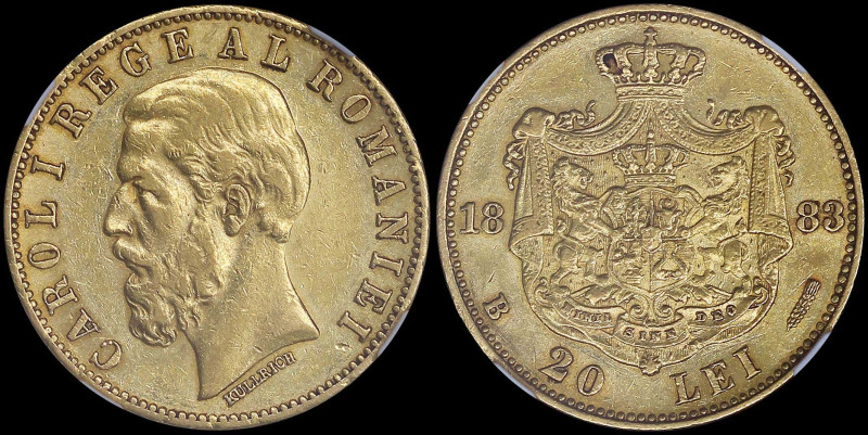 ROMANIA: 20 Lei (1883 B) in gold (0,900). Head of Carol I facing left on obverse...