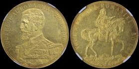 ROMANIA: 50 Lei (1906) in gold (0,900) commemorating the 40th Anniversary of the Reign of Carol I. Uniformed bust of Carol I facing left on obverse. E...