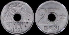 ROMANIA: 25 Bani (1921 HF) pattern coin in copper-nickel. Eagle above center hole on obverse. Value and crown on reverse. Inside slab by NGC "MS 64 / ...