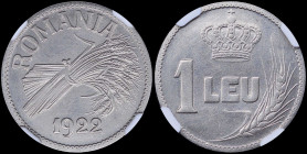ROMANIA: 1 Leu (1922) pattern coin in nickel. Sheaf of wheat on obverse. Value, crown and wheat on reverse. Inside slab by NGC "MS 65 / NICKEL / NO MI...