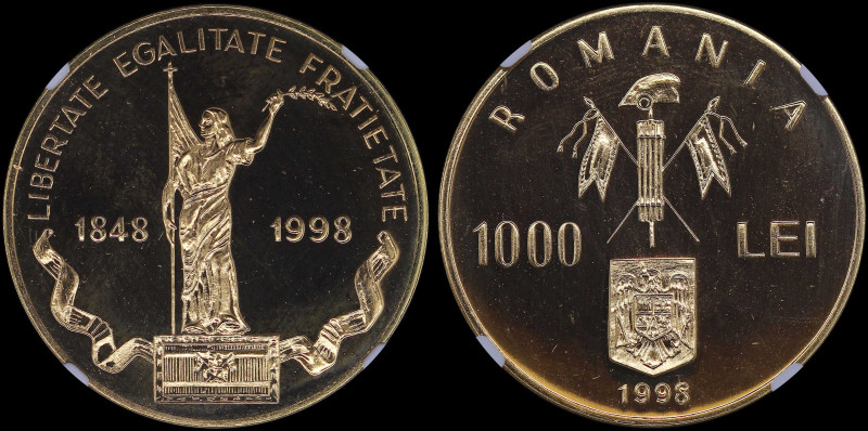 ROMANIA: 1000 Lei (1998) in gold (0,999) commemorating the 150th Anniversary of ...