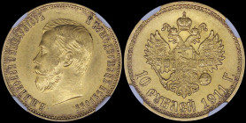 RUSSIA: 10 Roubles (1911 Eb) in gold (0,917). Head of Nicholas II facing right on obverse. Crowned double-headed imperial eagle with ribbons on crown ...