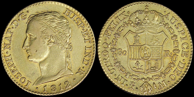 SPAIN: 80 Reales (1812 AI) in gold (0,875). Laureate head of Joseph Napolean fac...