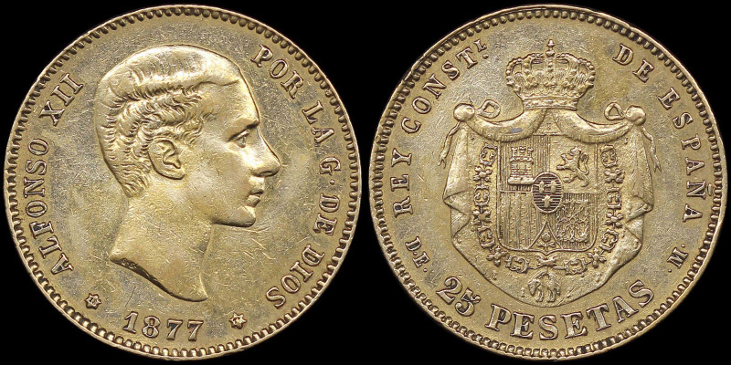 SPAIN: 25 Pesetas [1877(77) DE-M] in gold (0,900). Young head of Alfonso XII fac...