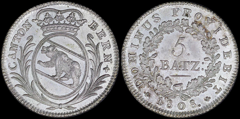 SWISS CANTONS / BERN: 5 Batzen (1808) in silver. Bear in crowned oval shield wit...